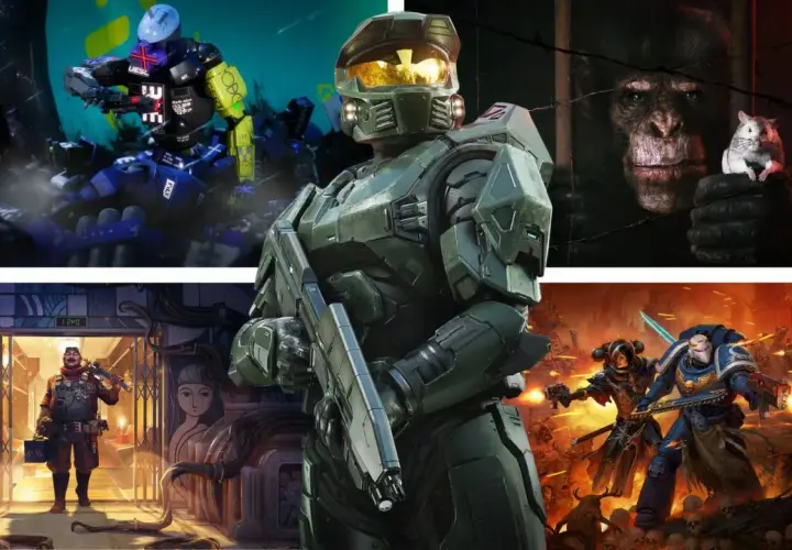 Kolaż z grafikami z gier: Master Chief, małpa z chomikiem, żołnierz w steampunkowym klimacie i wojownicy z Warhammera. Idealne dla fanów gry strzelanki za darmo.