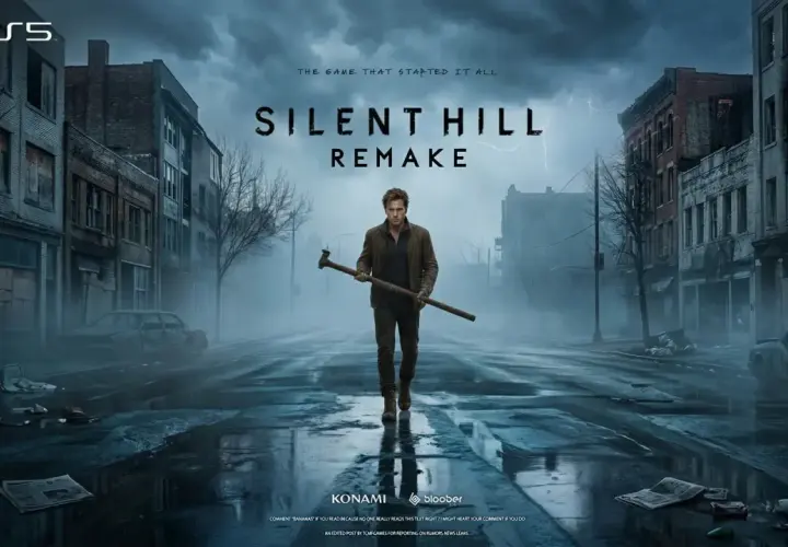 Mroczna ulica w Silent Hill, zniszczone budynki, wrak samochodu i mężczyzna z rurą. Zapowiedź Silent Hill 1 remake na PS5.