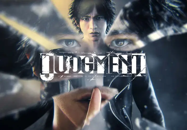 Twarz mężczyzny, jego oczy i palec na ustach sugerują tajemnicę i **judgement**. Logo gry "Judgment" w centrum.