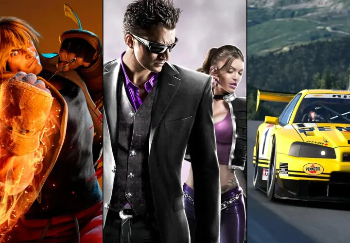 Trzy sceny z gier: płonący wojownik, para w stylu Saints Row i żółty samochód wyścigowy. Idealne gry na PS5 dla dwojga.