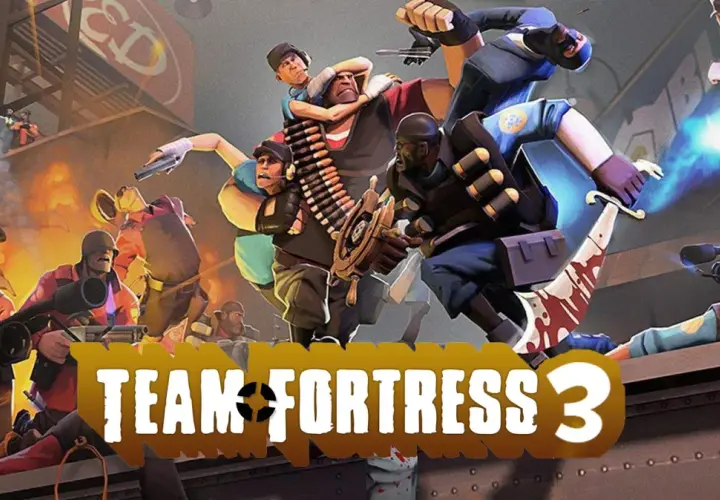 Dynamiczna scena z gry **Team Fortress 3**, gdzie postacie walczą w chaotycznym starciu, z wybuchami i laserami.