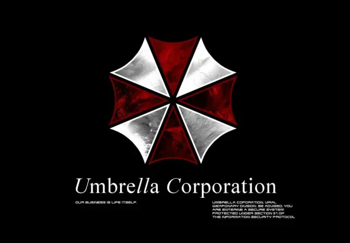 Logo Umbrella Corporation z napisem "Our business is life itself." i ostrzeżeniem o systemie bezpieczeństwa.