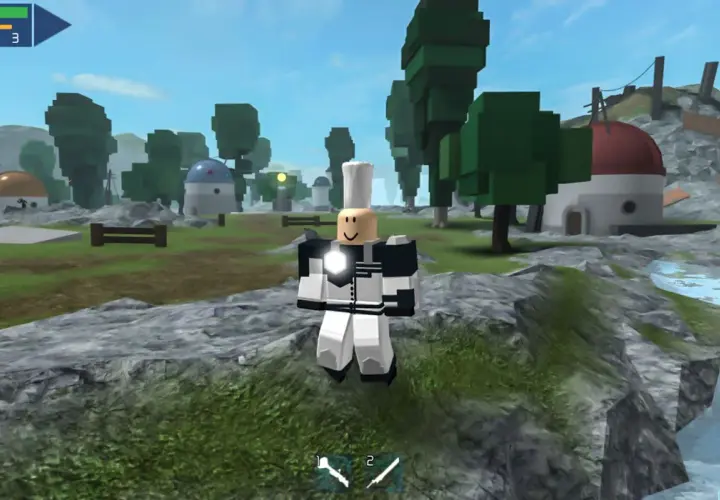 Postać w grze Roblox, która wygląda jak żołnierz, stoi na tle krajobrazu z budynkami i drzewami. Od ilu lat można grać w Roblox? Od 7 lat.