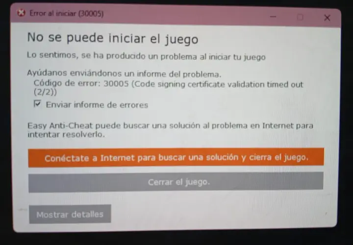 Komunikat błędu gry: "No se puede iniciar el juego". Easy Anti-Cheat nie może zweryfikować certyfikatu.