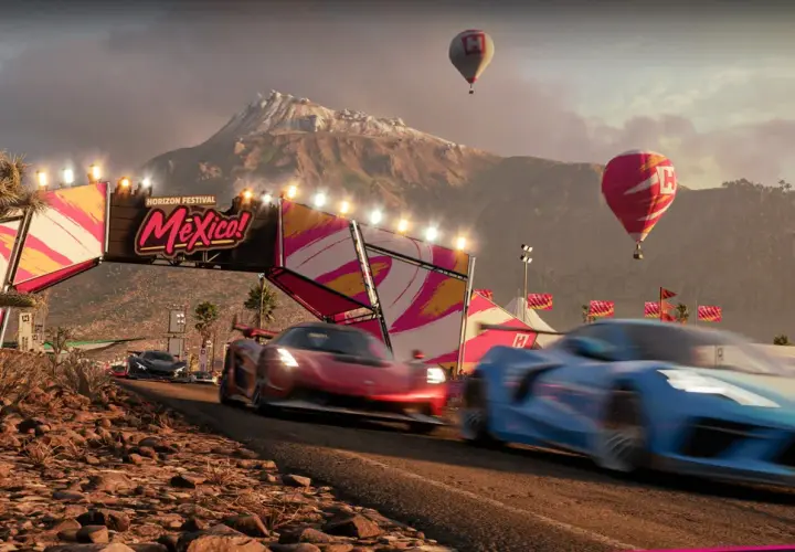 Wyścigowe samochody pędzą pod bramą Horizon Festival w Meksyku. Sprawdź forza horizon 5 wymagania, by dołączyć do zabawy!