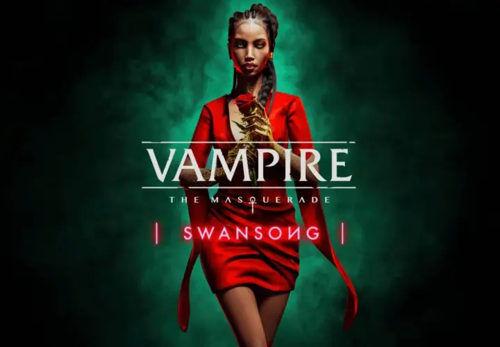 Kobieta w czerwonej sukience trzyma złotą różę. Napis "Vampire The Masquerade Swansong" sugeruje mroczny świat gry.