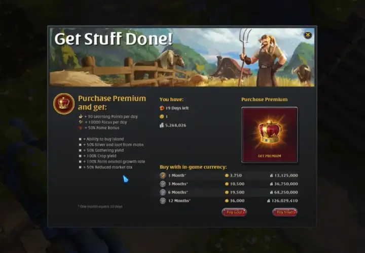 Albion: co to? Okno zakupu premium w grze, z listą bonusów i cenami w walucie gry.