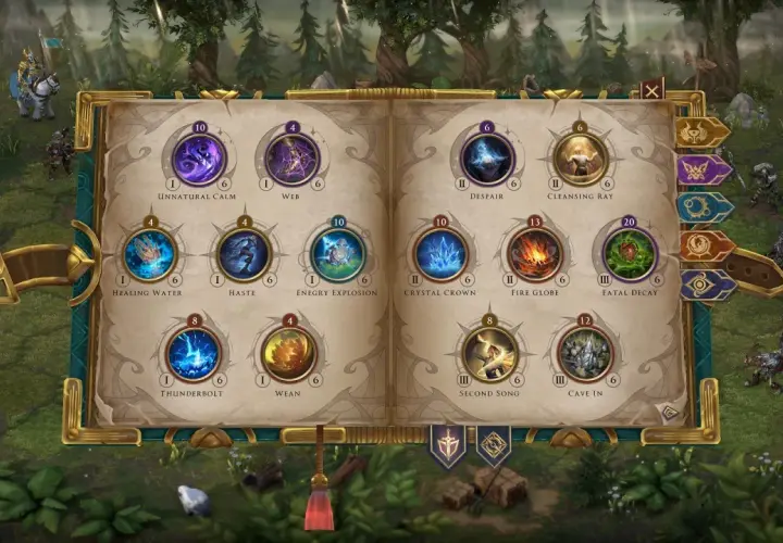 Menu umiejętności z gry heroes 8: Unnatural Calm, Web, Despair, Cleansing Ray, Healing Water, Haste, Energy Explosion, Crystal Crown, Fire Globe, Fatal Decay, Thunderbolt, Wean, Second Song, Cave In.