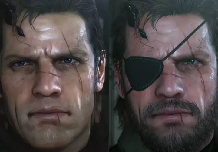 Dwa zbliżenia twarzy, po lewej bez opaski na oko, po prawej z opaską. Obaj wyglądają jak Venom Snake, z bliznami i zmęczonym wyrazem.