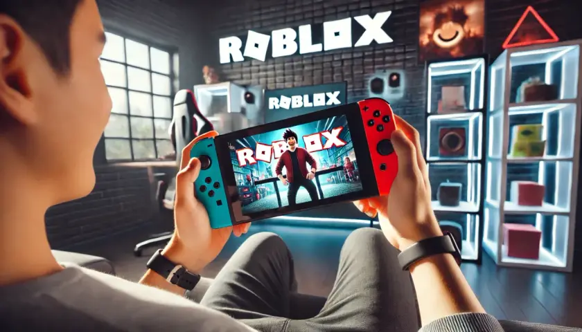 Gracz trzyma konsolę Nintendo Switch, na której wyświetla się logo Roblox.
