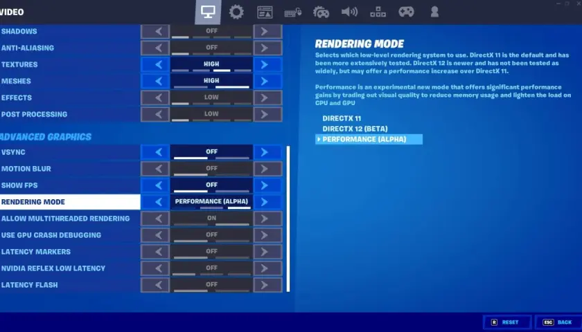 Ustawienia graficzne Fortnite: tryb renderowania DirectX 12 (Beta) Performance (Alpha) dla lepszej wydajności. Sprawdź Fortnite wymagania.