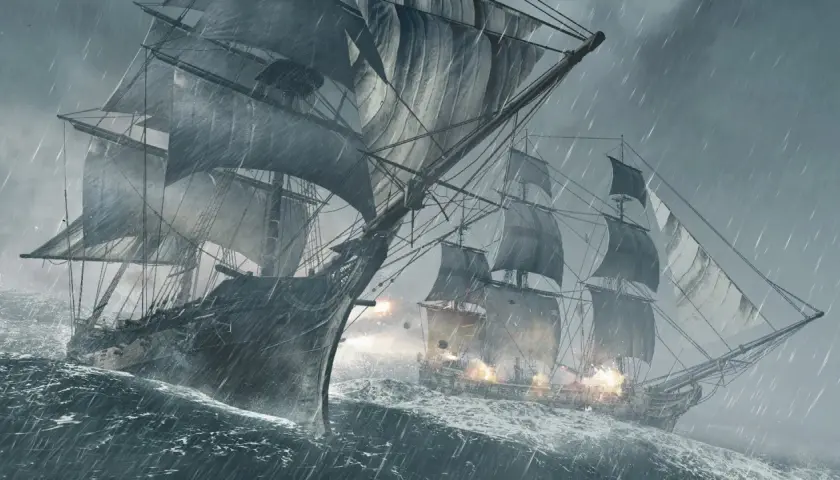Dwa żaglowce walczą na wzburzonym morzu podczas burzy. Scena jak z gier o piratach, pełna akcji i dramatyzmu.