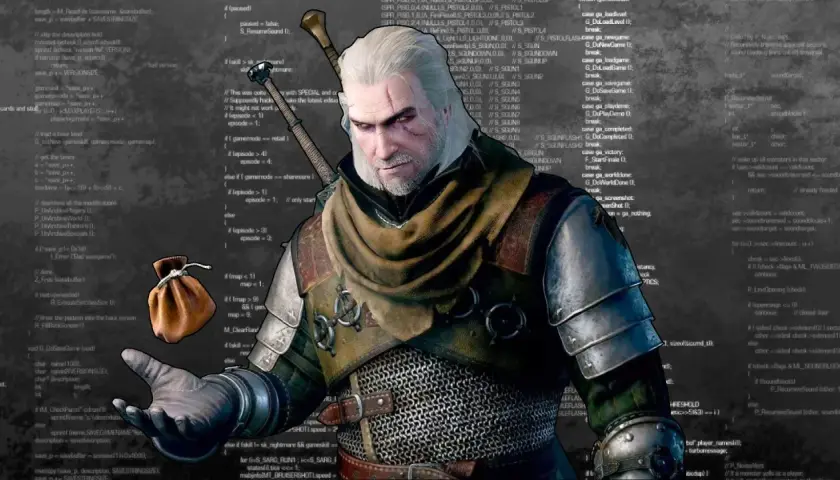 Geralt z Rivii, otoczony kodem gry Wiedźmin 3, trzyma sakiewkę złota.