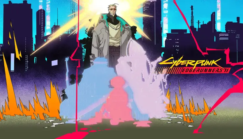 Postapokaliptyczna wizja miasta z **Cyberpunk Edgerunners 2**. Postacie w neonowych barwach, płomienie i sylwetki budynków.