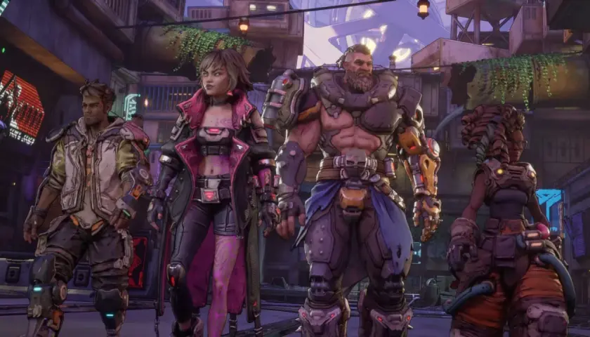 Czterech nowych **borderlands 4 characters** w futurystycznym mieście.