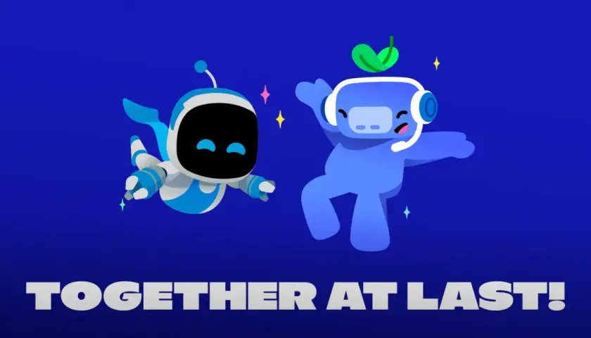 Astro Bot i niebieski stworek z Discorda świętują razem, gotowi na wspólne granie na PS5.