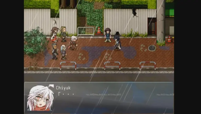Postacie z gry jrpg stoją na mokrej ulicy w deszczu. W dolnej części ekranu widać portret postaci o imieniu Chiyuk.