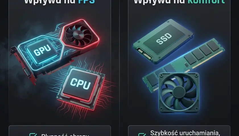 Karta graficzna i procesor wpływają na FPS w grach. Dysk SSD i RAM zapewniają komfort i szybkość.