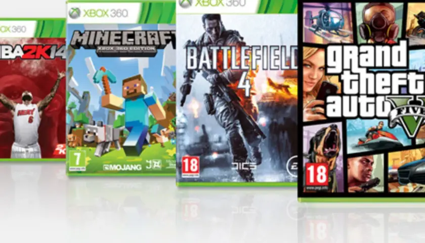 Okładki gier na Xbox 360: NBA 2K14, Minecraft, Battlefield 4, Grand Theft Auto V. Dowiedz się, jak pobrać gry na Xboxa 360.