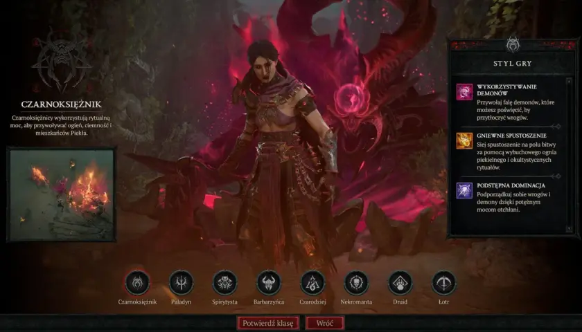 Czarnoksiężniczka z Diablo 4 Sezon 10, otoczona piekielnym ogniem i demonami, gotowa do rytualnej walki.