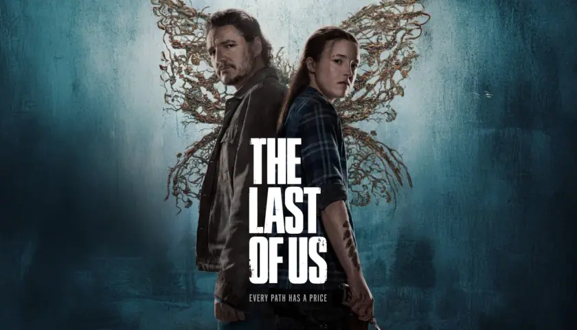 Joel i Ellie, bohaterowie serialu The Last of Us sezon 2, stoją plecami do siebie na tle mrocznego, niebieskiego tła z motywem grzybni.