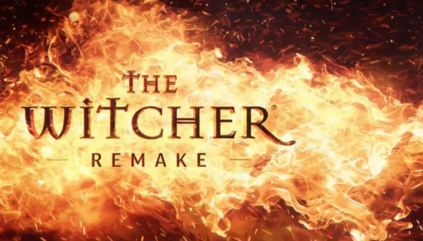 Płomienie otaczają napis "The Witcher Remake". Zapowiada to gorącą przygodę w odświeżonej wersji gry Wiedźmin 1.