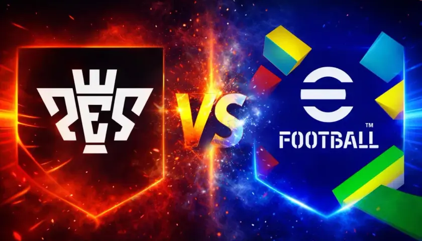 Logo PES kontra eFootball. Dwa światy piłkarskich gier w starciu.