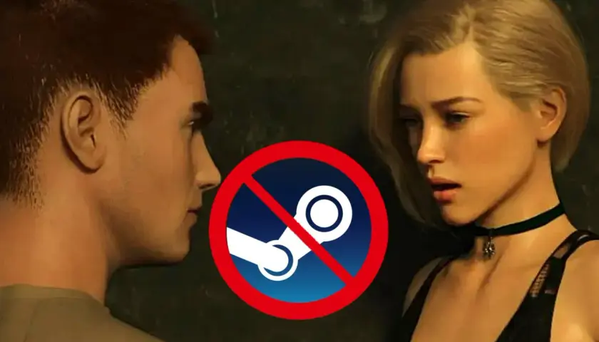 Para, która patrzy na siebie, z przekreślonym logo Steam. To gra bez litości, której nie znajdziesz na tej platformie.