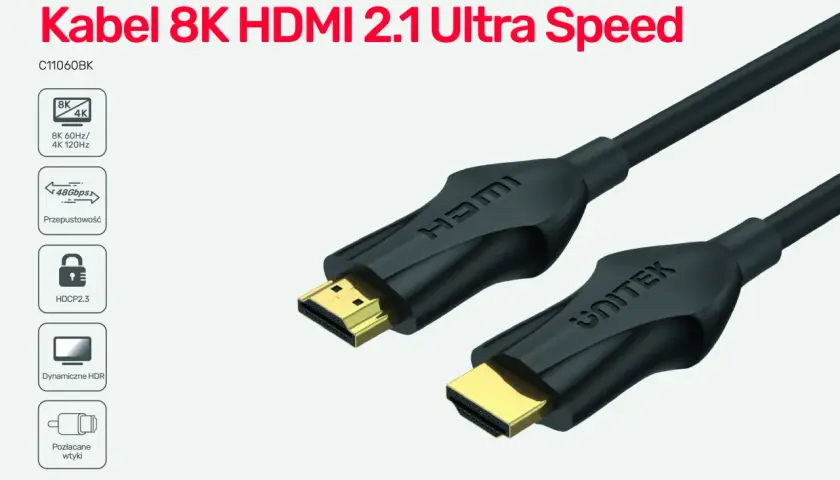Kabel 8K HDMI 2.1 Ultra Speed z przepustowością 48 Gbps, obsługujący 8K 60Hz i 4K 120Hz.