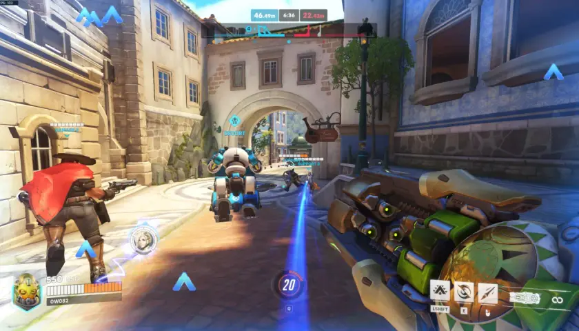 Gra Overwatch w akcji, widok z perspektywy gracza. Na ekranie widać postacie, interfejs gry i elementy otoczenia. Sprawdź wymagania Overwatch, by cieszyć się rozgrywką.
