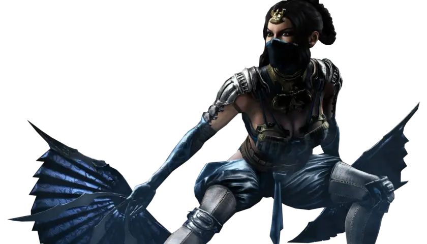 Kitana Mortal Kombat w niebieskim stroju, z maską na twarzy i wachlarzami w dłoniach, gotowa do walki.
