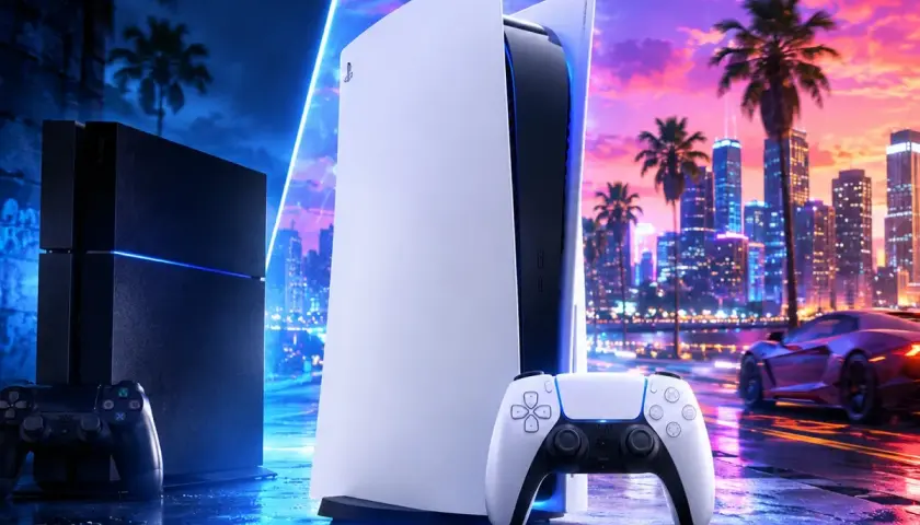 PlayStation 4 i 5 obok siebie, z neonowym miastem w tle. Czy GTA 6 będzie na PS4?