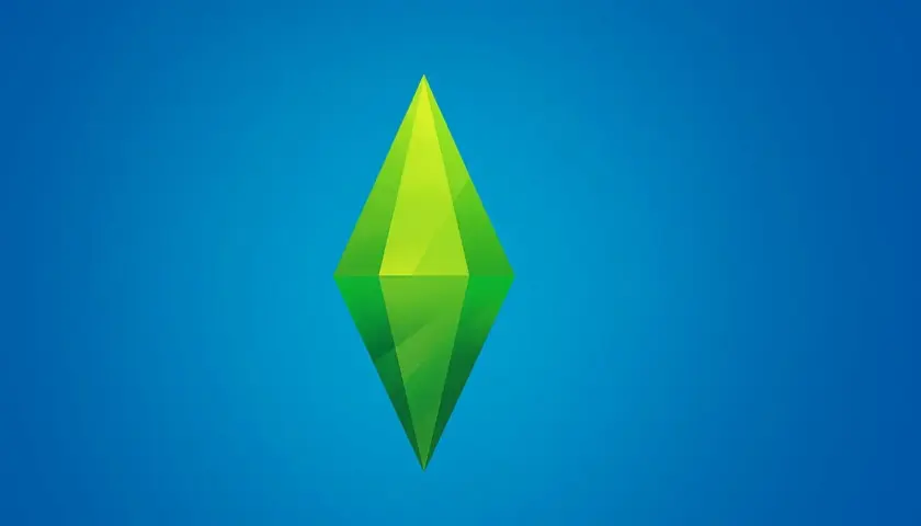 Zielony, geometryczny symbol na niebieskim tle. To logo The Sims 4, idealne do wyszukiwania kodów do gry.