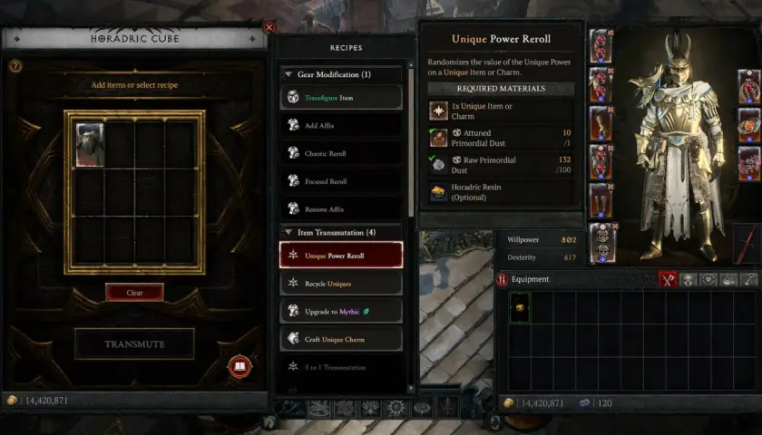Diablo 4 nowy sezon: w Kostce Horadrymów wybierasz "Unikalne Przerobienie Mocy", by losować wartości unikalnych przedmiotów.