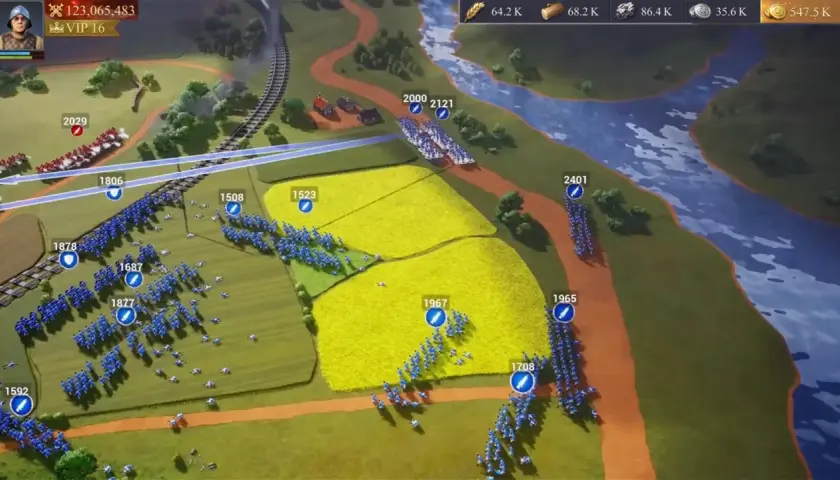 Bitwa w grze typu moba. Armie niebieskich i czerwonych żołnierzy starają się zdobyć strategiczne punkty na mapie, otoczonej polami i rzeką.