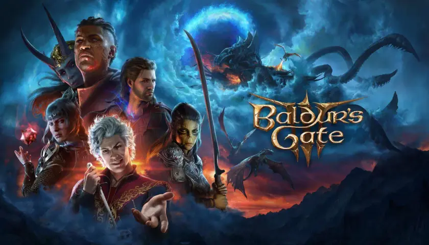 Postacie z Baldur's Gate 3 na tle dramatycznego nieba z smokami. Sprawdź, czy Twój sprzęt spełnia wymagania gry!