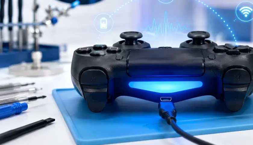 Jak podłączyć pada do PS4? Widok pada z podłączonym kablem USB, w tle narzędzia i ikony Bluetooth, Wi-Fi, baterii.