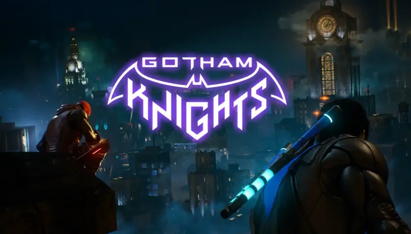 Rycerze Gotham czuwają nad miastem. Dwóch bohaterów na dachu, w tle neonowy napis "Gotham Knights" i mroczna panorama miasta.