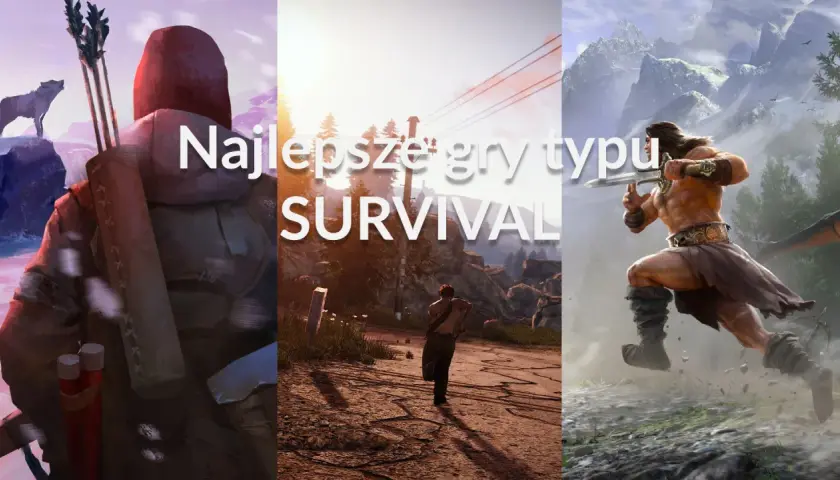 Trzy sceny z gier survival multiplayer: postać w zimowym krajobrazie, człowiek biegnący przez pustkowie i wojownik z mieczem.