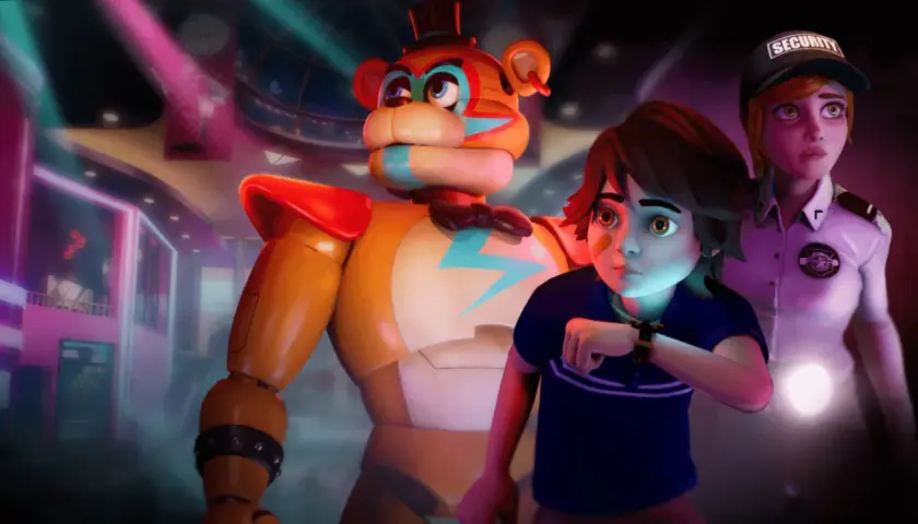 Gregory i Freddy z FNAF 9 w centrum rozrywki, z ochroniarzem w tle.