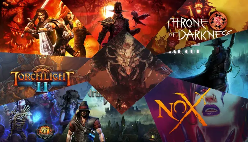 Kolaż z grafikami z gier podobnych do Diablo: Torchlight II, Path of Exile, Nox, Throne of Darkness i innych.