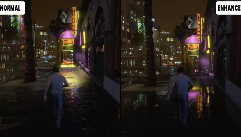 Porównanie grafiki GTA V: normalna vs. enhanced. Po prawej stronie widać ulepszoną wersję z lepszymi odbiciami i oświetleniem.