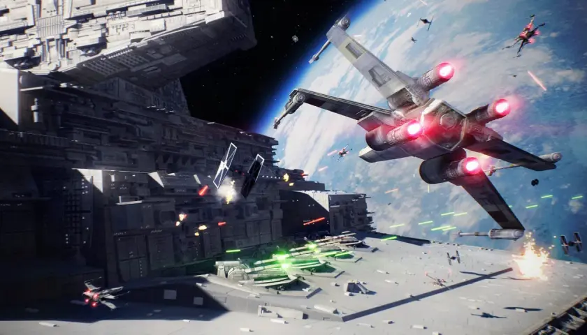 Intensywna bitwa kosmiczna w stylu Star Wars Battlefront 3. X-wing i myśliwce TIE walczą wokół ogromnego statku kosmicznego na tle planety.
