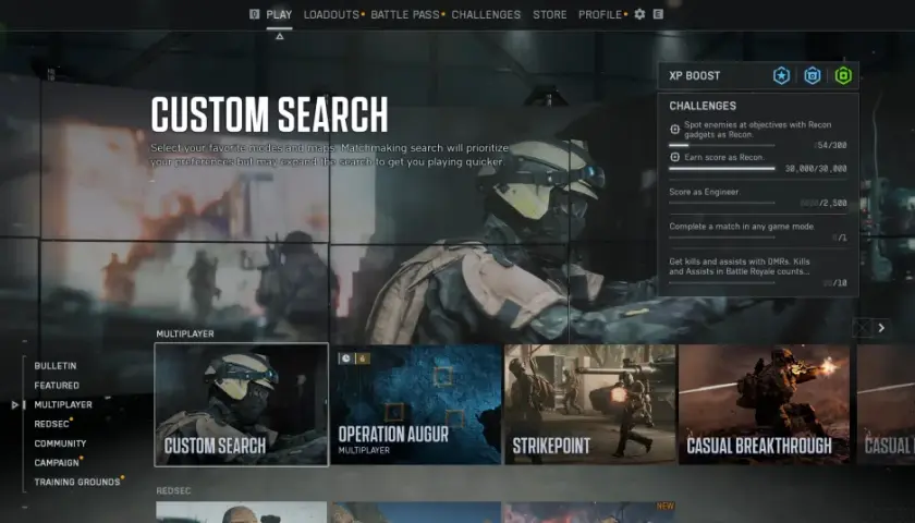 Główny ekran gry z opcją "Custom Search" do wyszukiwania rozgrywek multiplayer. Widoczne wyzwania i tryby gry.