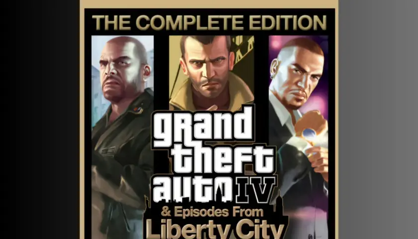 Okładka gry Grand Theft Auto IV: The Complete Edition na PS5. Trzech bohaterów, Niko, Johnny i Luis, patrzy wprost na gracza.