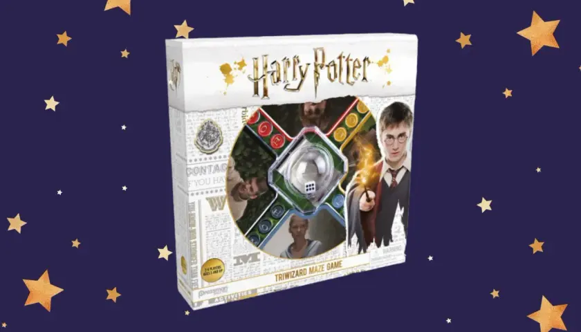 Pudełko z grami Harry Potter: Labirynt Trójmagiczny. Harry Potter z różdżką i innymi postaciami z filmu.