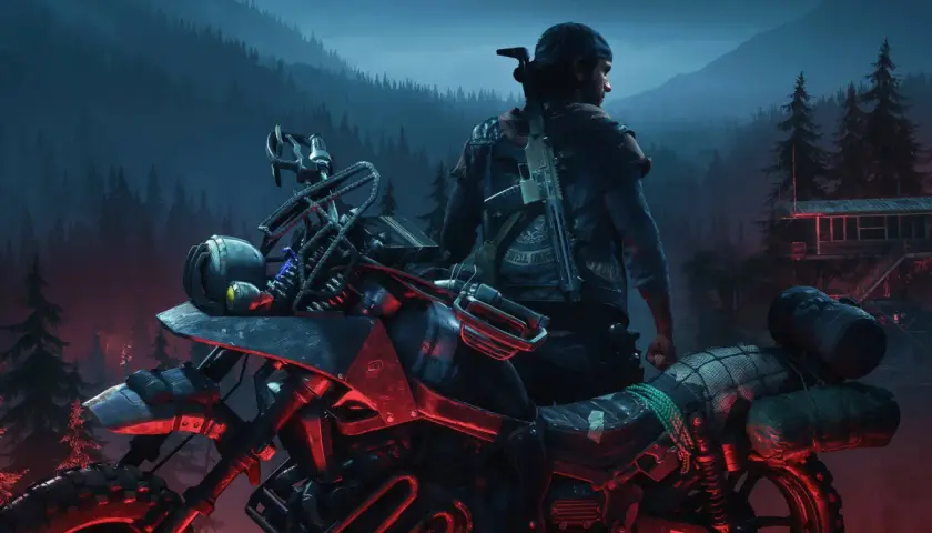 Motocyklista z karabinem na plecach stoi obok swojego motocykla w mrocznym lesie. To scena z gry Days Gone 2.