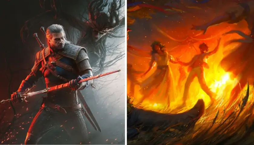 Geralt z Rivii gotowy do walki z potworem, a obok taniec przy ognisku. Zapowiedź wiedźmin 3 nowy dodatek.