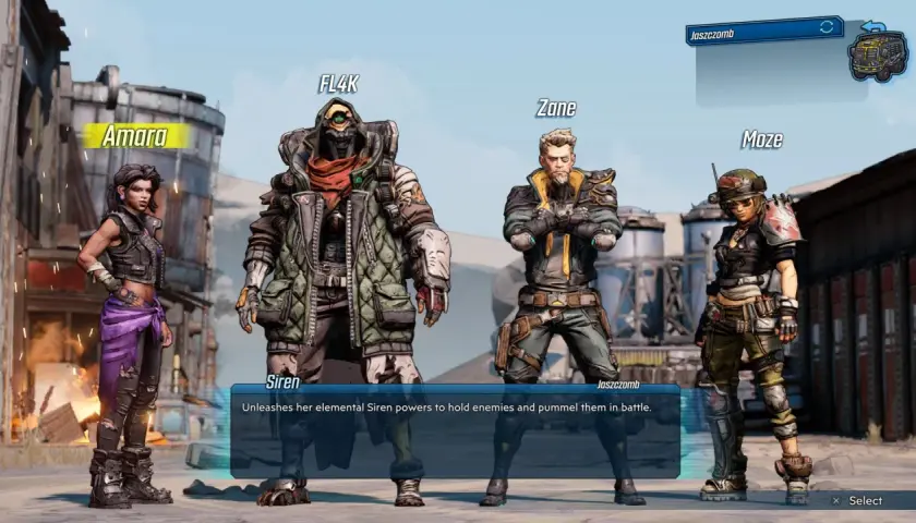 Amara, FL4K, Zane i Moze – ekipa bohaterów Borderlands 3 gotowa na przygodę.