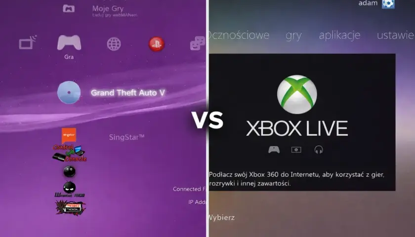 Porównanie interfejsów PS3 i Xbox 360. Zastanawiasz się, jak pobrać gry na Xbox 360 za darmo? Ten obrazek pokazuje menu obu konsol.